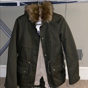 H&M army green faux fur lined fatigue jacket